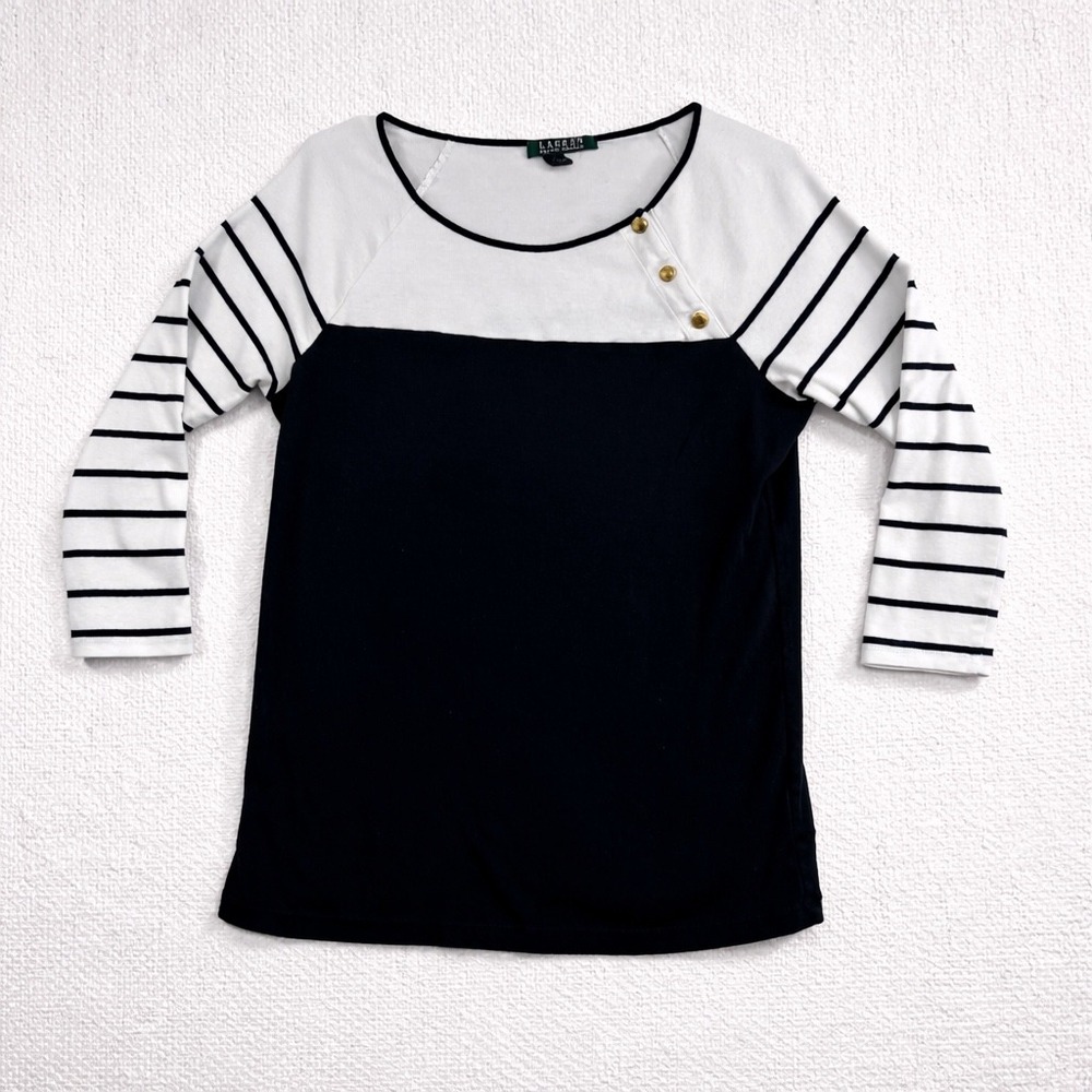 Lauren Ralph Lauren Colorblock Top Black White Stripe Gold Button Size XL‎